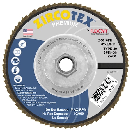 Flexovit FLAP DISC ZIRCOTEX 6inX5/8-11 ZA80 Z6010FH